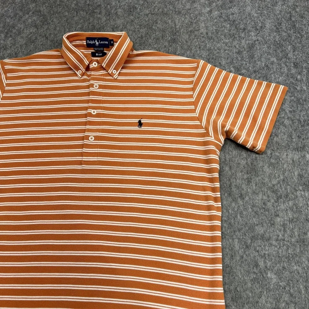 Ralph Lauren Polo Shirt Mens M Orange‎ White Stripe Button Down Collar Pony Big